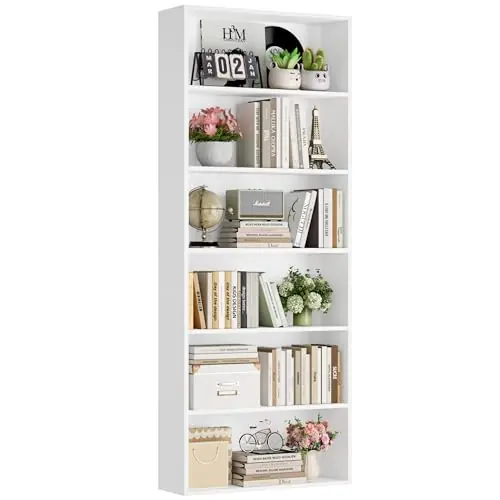 FOTOSOK 6-Tier Open Bookcase and Bookshelf, Freestanding Display Storage Shelves, White