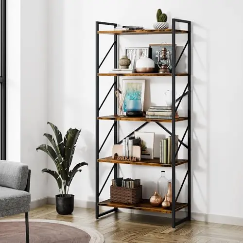 Shintenchi 5 Tiers Bookshelf, Classically Tall Bookcase Shelf, Industrial Book Rack, Modern Book Holder, Books/Movies-Rustic Brown