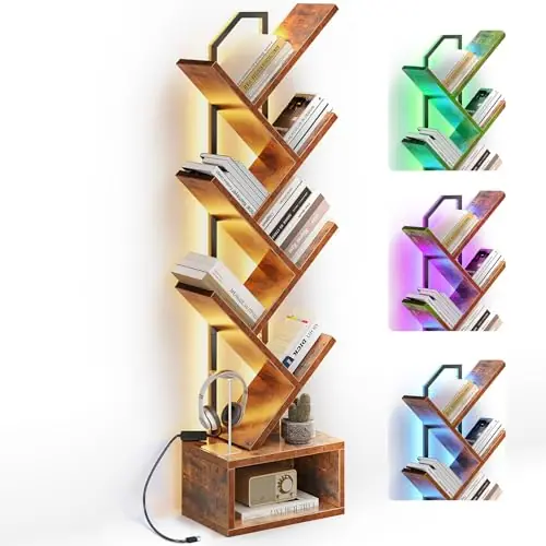 Casaottima Tree Bookshelf with LED Lights, 6-Tier Narrow Bookcase for Small Spaces, Tall Steel & Wood Storage Shelf with Cabinet