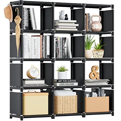 Mavivegue Book Shelf, 12 Cube Storage Organizer, DIY Bookcase, Metal Bookshelf, Tall Book case, Black Cubicle Rack