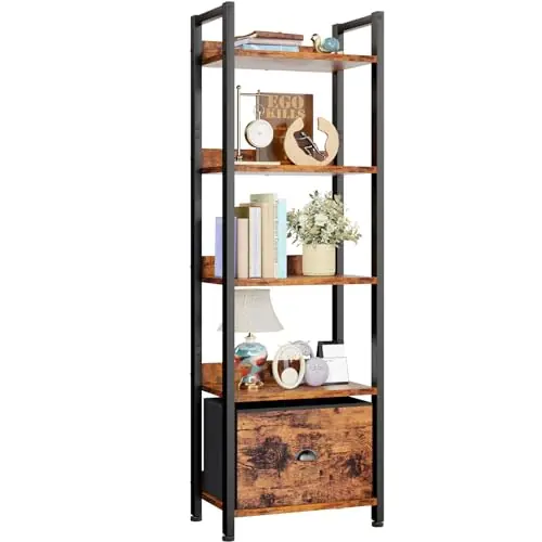 Furologee 5 Tier Bookshelf with Drawer, Tall Narrow Bookcase with Shelves, Rustic Brown