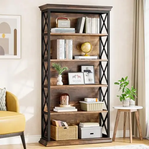 Tribesigns 6-Tier Bookcase, 71 Inches Industrial Bookshelves and Bookcases, Floor Standing 5 Shelf Display Storage Shelves, Brown and Black