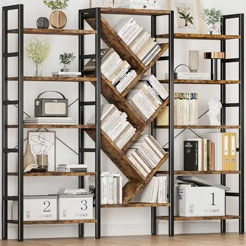 INNOD 70x70 Triple 5 Tier Book Shelf, Large Wooden Bookcase with 17 Open Display Shelf, Rustic Brown
