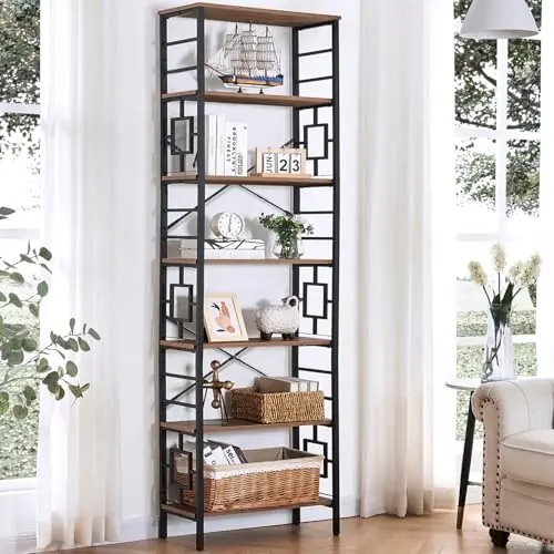 HOMISSUE Tall Bookshelf, 84 Inch Industrial Bookshelf with Metal Frame and Open Shelves, Brown