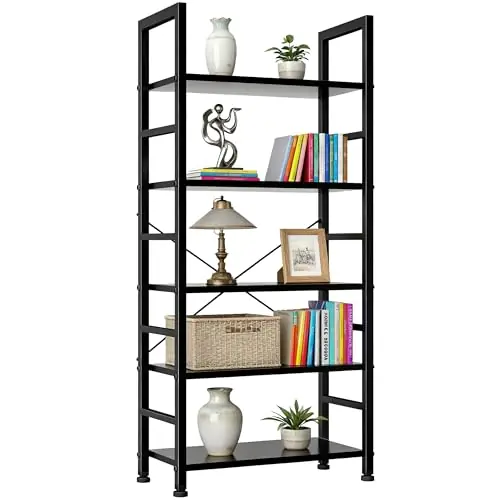 SageNest 5-Tier Bookshelf, Free Standing Wooden Bookcase with Open Storage Shelves with Metal Frame, Black