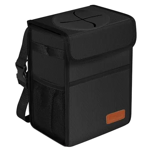 Femuar Leak Proof Car Trash Can with Lid - Waterproof Automotive Garbage Bin for SUVs, Collapsible and Portable Car Trash Bag, Black