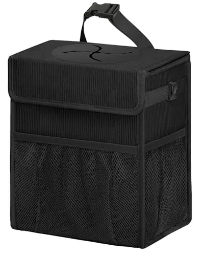 HORJONES Corduroy Car Trash Can with Lid and Mesh Pockets - Leakproof Organizer,Multipurpose Waterproof Garbage Can/Trash Bin for Car(Black-2 Gallons)
