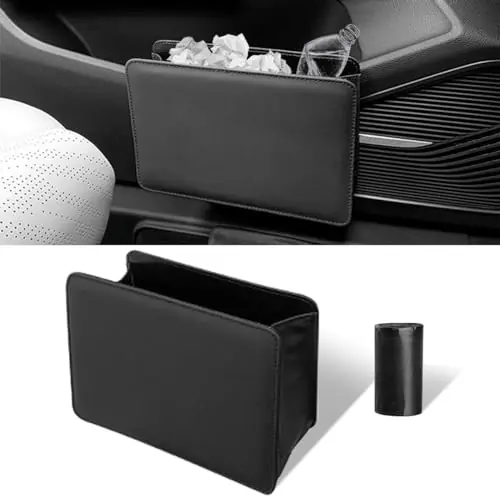 Car Trash Can, Auto Leather Trash Bin Garbage Organizer Holder with One Roll Trash Bag, Mini Foldable Dustbin Storage Bag Container (Black)