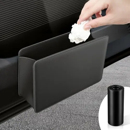SINGARO Car Door Trash Can, Leather Vehicle Trash Bin, Mini Dustbin Garbage Container Can with 30 Pcs Trash Bags, Black