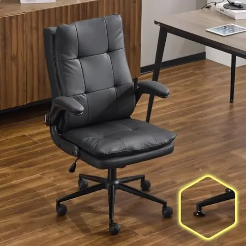VINGLI Comfy Black Leather Office Desk Chair, Ergonomic High-Back Support Computer Gaming Chair with/No Wheels, Dual-Base