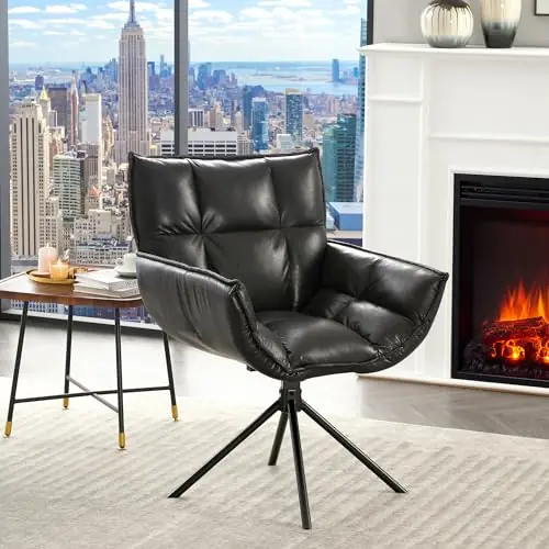 Fahomiss Desk Chair No Wheels, 360° Swivel Mid Century Modern Desk Chairs, Upholstered Faux Leather Swivel Accent Chair(Black, x1)
