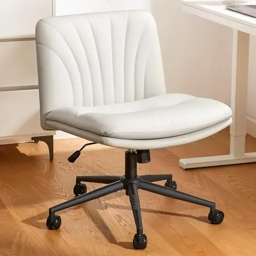 Marsail Armless-Office Desk Chair with Wheels PU Leather Cross Legged Wide Chair, Comfortable Adjustable Swivel Task Chairs(Light Beige)