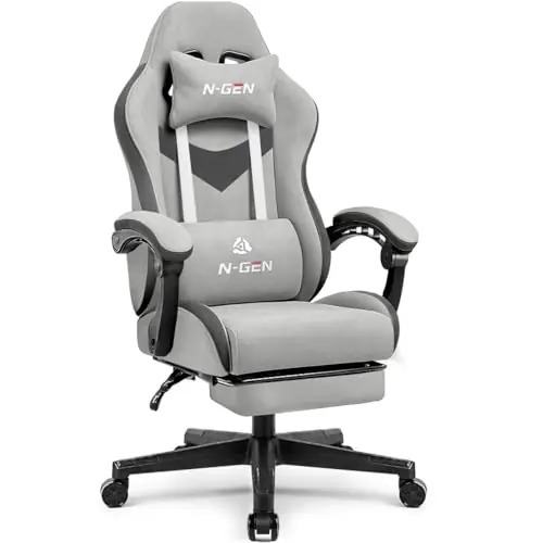 N-GEN GAMING Video Gaming Chair with Footrest Lumbar Support for Home Office High Back Recliner (Grey)