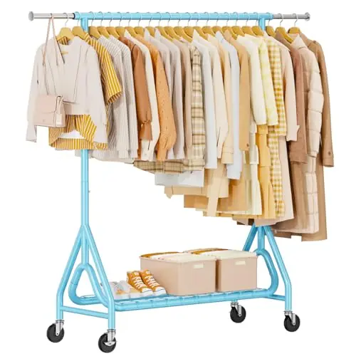 JIEJIERUI Heavy Duty Clothing Rack, Metal Clothes Rack Load 450 LBS, Rolling Coat Racks for Hanging Clothes with Lockable Wheels, Sky Blue
