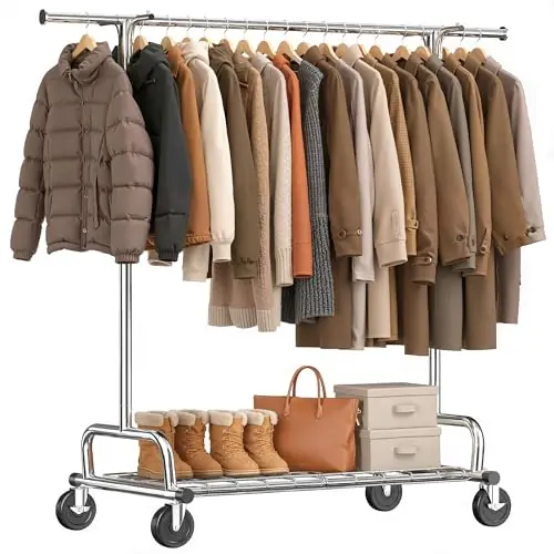 Raybee Heavy Duty Clothes Rack Load 485LBS, 74‘‘W Clothing Rack with Mesh Shelf, Rolling Garment Rack with Adjustable Rail & Lockable Wheels