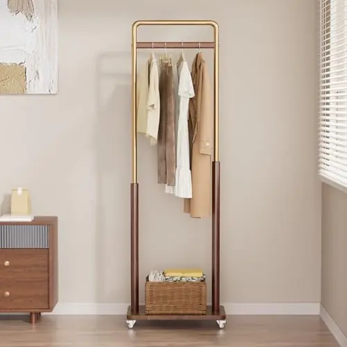 Taitiy Clothes Rack Solid Wood Coat Rack, Metal and Solid Wood Combination Clothing Rack with Wheels for Entryway, Bedroom, Living Room