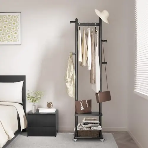 Solid Wood Coat Rack Freestanding Clothing Rack with Wheels & 2 Shelves Storage & 5 Hooks Heavy Duty Clothes Rack Wood Coat Tree Stand Hat Hanger Rack