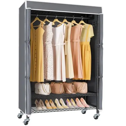 VIPEK R3C Rolling Clothes Rack with Cover Portable Closet for Hanging Clothes, Heavy Duty Garment Rack Clothing Racks with Grey Upgraded Polyester Cover