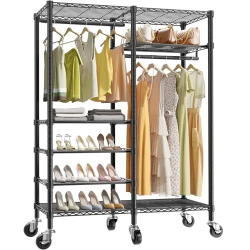 VIPEK R4 Garment Racks Heavy Duty Clothes Rack -620lb Capacity Metal Frame, Rolling Lockable Wheels & 6 Tiers Adjustable Height Shelves & Hanger Rods, Black