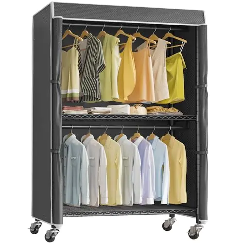 VIPEK R2C Plus Heavy Duty Rolling Garment Racks with Cover Clothing Rack for Hanging Clothes Portable Closet with Adjustable Wire Shelving & Double Rods