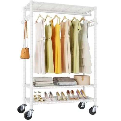 VIPEK R3 Rolling Clothing Rack Heavy Duty Garment Rack for Hanging Clothes, Portable Closet Wardrobe with Wheels and Side Hooks, White