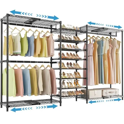 VIPEK S3X Expandable Clothes Rack Adjustable from 5‘11" to 8‘7" with 6-Tier Shoe Shelves, Freestanding Clothing Rack, Max Load 1250LBS, Black