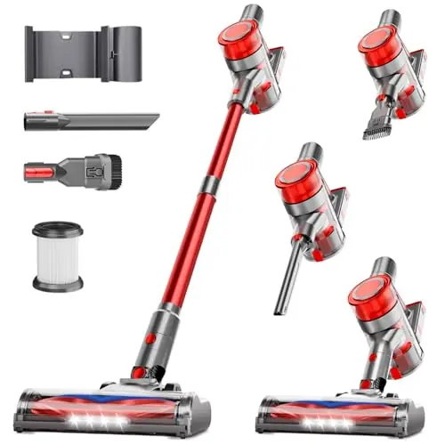 Cordless Vacuum Cleaner, 35Kpa Vacuum Cleaner for Home, 45Mins Stick Vacuum with LED Display, Anti-Tangle & Wall Mount Charging, 6 in 1 Lightweight Vacuum for Hard Floors, Carpet, Pet Hair (red)