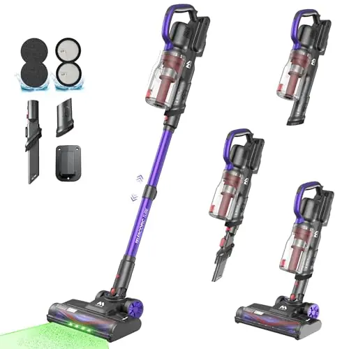 AlloyMove Cordless Vacuum Cleaner 45KPA, Up to 60mins Runtime Lightweight Powerful Suction Vacuum Cleaners for Home, 3 Suction Modes, Rechargeable Stick Vacuum for All Floor/Carpet/Pet Hair/Car, A03