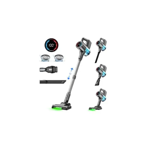 Cordless Vacuum Cleaner, 500W/40KPA Lightweight Stick Vacuum up to 40 mins Runtime, LED Display and Green Headlights, 6-Stages Filtration, Self-Standing Vacuum for Home Hard Floor, Carpet and Pet Hair