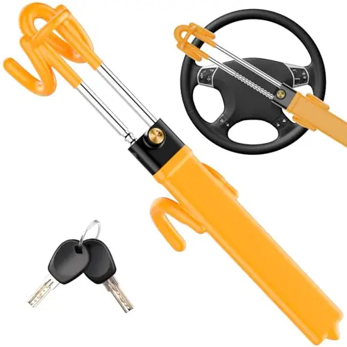 MONOJOY Steering Wheel Lock Car Lock Anti-Theft Car Device Lock Double Hooks Design Carro Security Locks Heavy Duty Adjustable Auto Locking, Yellow