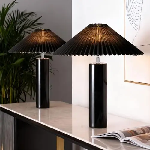 EOEYYOYB Ceramic Table Lamps for Bedroom Set of 2, Adjustable Shade Lamps for Night Stands, Modern Cylindrical Nightstand Table Lamps, Black