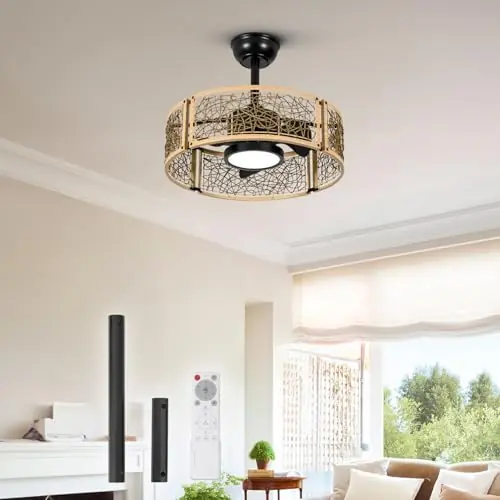 TALOYA 20 Inch Caged Ceiling Fans with Lights Chandelier Remote Control Flush Mount Low Profile for Bedroom Living Room Patio,Reversible, Oak