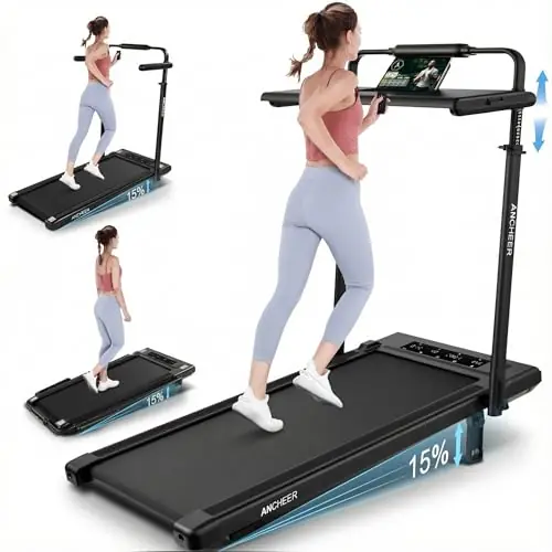 Treadmill with Desk Workstation & Adjustable Height, 450 LBS Weight Capacity, Folding Treadmill with 15% Incline, Bluetooth Speaker & App