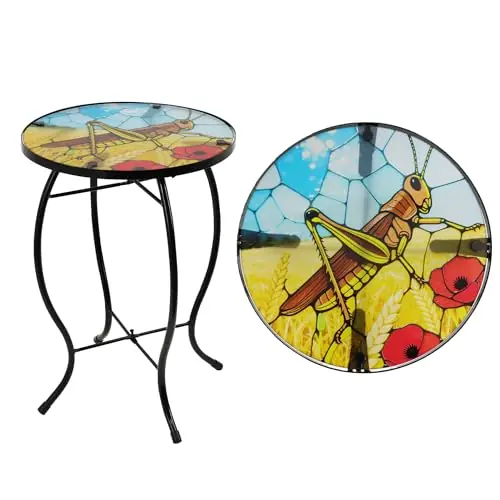 Voumsil Small Side Table with Metal Frame, 10.5" Round Side Tables with Grasshopper Pattern,Outdoor Table for Balcony,Terrace,Garden,Living Room
