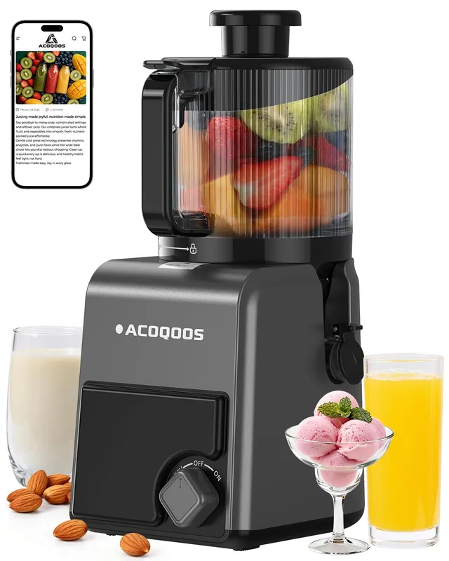 ACOQOOS Juicer Machines, 6.5" Extra Large Feed Chute Cold Press Juicer 3-IN-1 with Sorbet & Nut Milk, BPA Free, Easy to Clean, 100 OZ Hopper, Graphite Gray