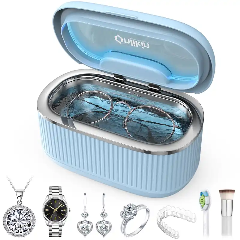 onlikin 45KHz Ultrasonic Jewelry Cleaner, 5 Timer & 3 Power Modes, 35W Retainer Cleaner for Jewelry, Eyeglasses, Rings, Watch Strap, Dentures - Quiet <38dB, 20oz, 304 Stainless Steel Tank(Blue)