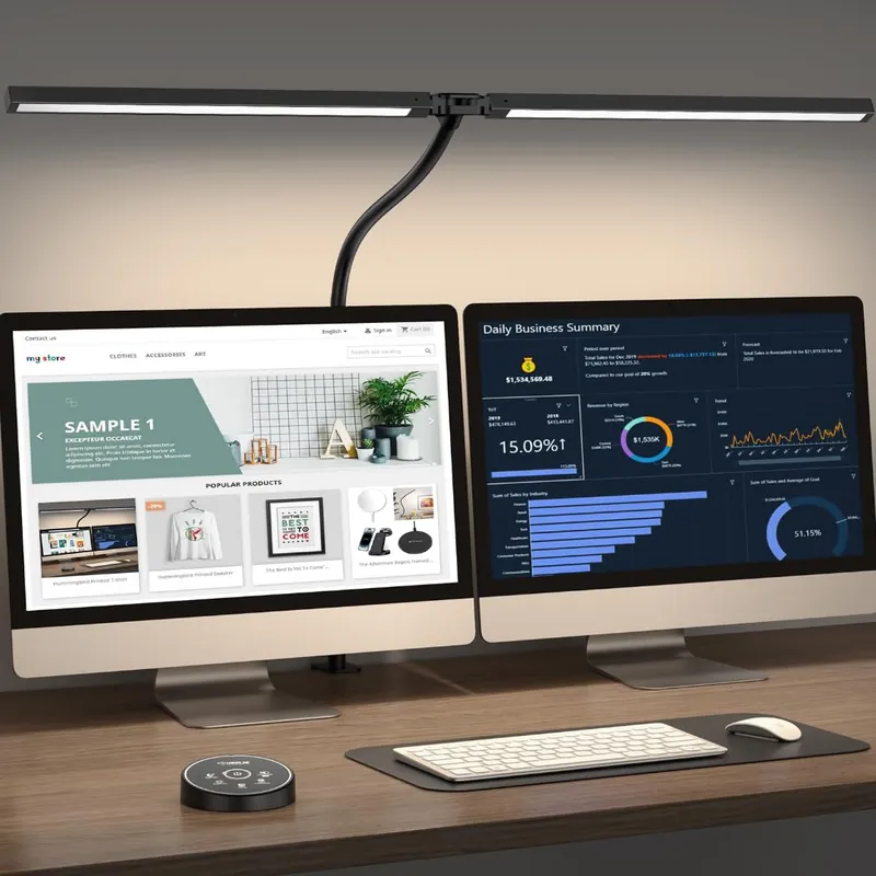 Pzloz Led Desk Lamp for Office Home - Eye Caring Architect lamp with Clamp,Dual Screen Computer Monitor Work Smart Light 24W 5 Color Flexible Adjustable Lighting Table Lamp for Study Drafting