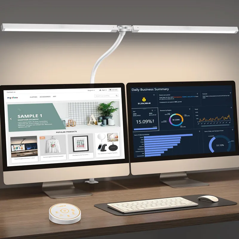 Pzloz Led Desk Lamp for Office Home - Eye Caring Architect lamp with Clamp,Dual Screen Computer Monitor Work Smart Light 24W 5 Color Flexible Adjustable Lighting Table Lamp for Study White