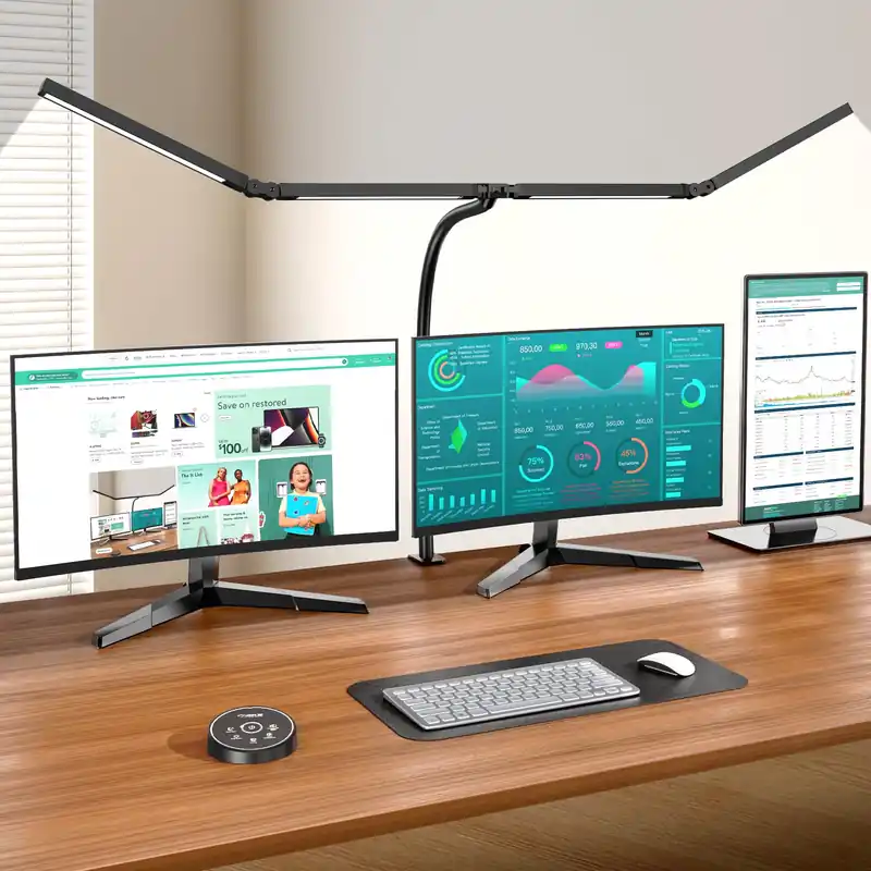 Pzloz Led Desk Lamps for Home Office - Eye Caring Architect Lamp with Clamp, Double Head Computer Monitor Work Desk Light with Remote Control 24W Flexible Dimmable Desktop Table Lamp