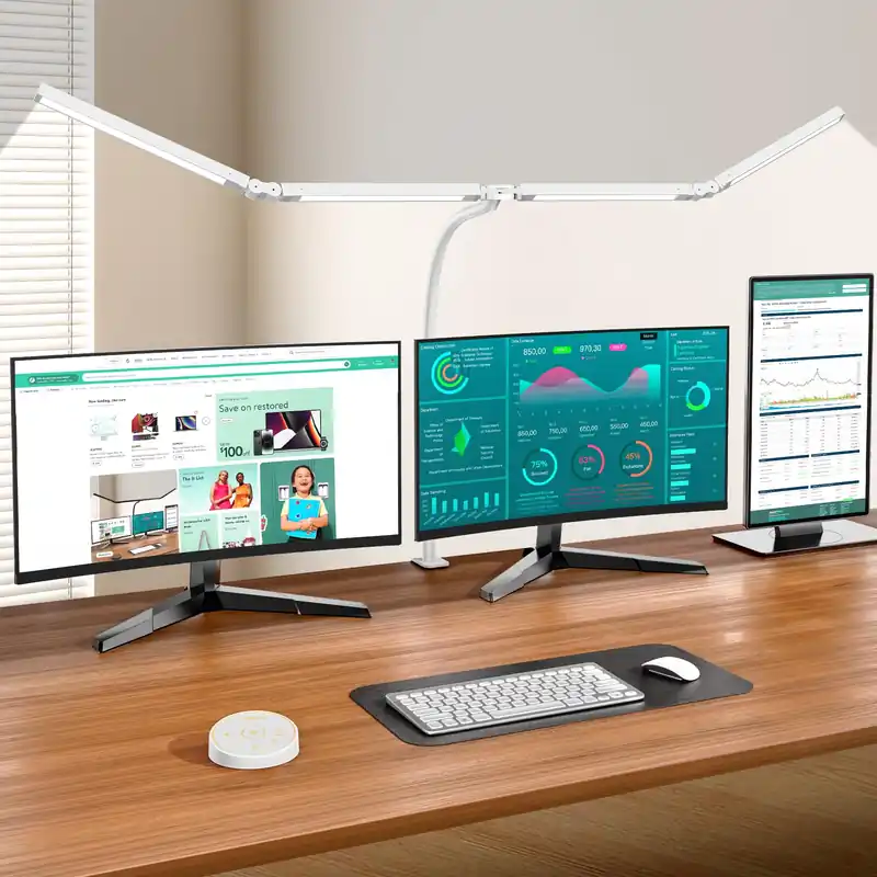 Pzloz Led Desk Lamp with Clamp Architect Desk Lamp for Home Office, Eye Caring Double Head Computer Monitor Work Desk Light with Remote Control - 24W Flexible Dimmable Desktop Table Lamp White