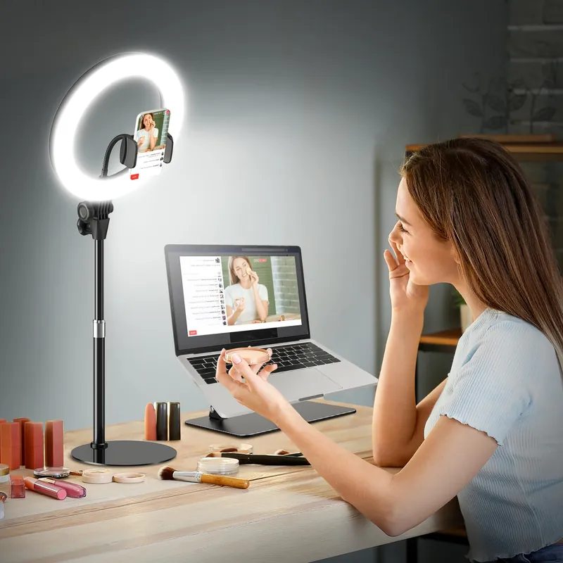 10‘‘ Desk Ring Light with Stand – Zoom Lighting with Phone Holder for Computer・Video Calls・Conference – CRI95 LED Adjustable Circle Light, 10‘‘ Large Lamp Head, Content Creator Friendly