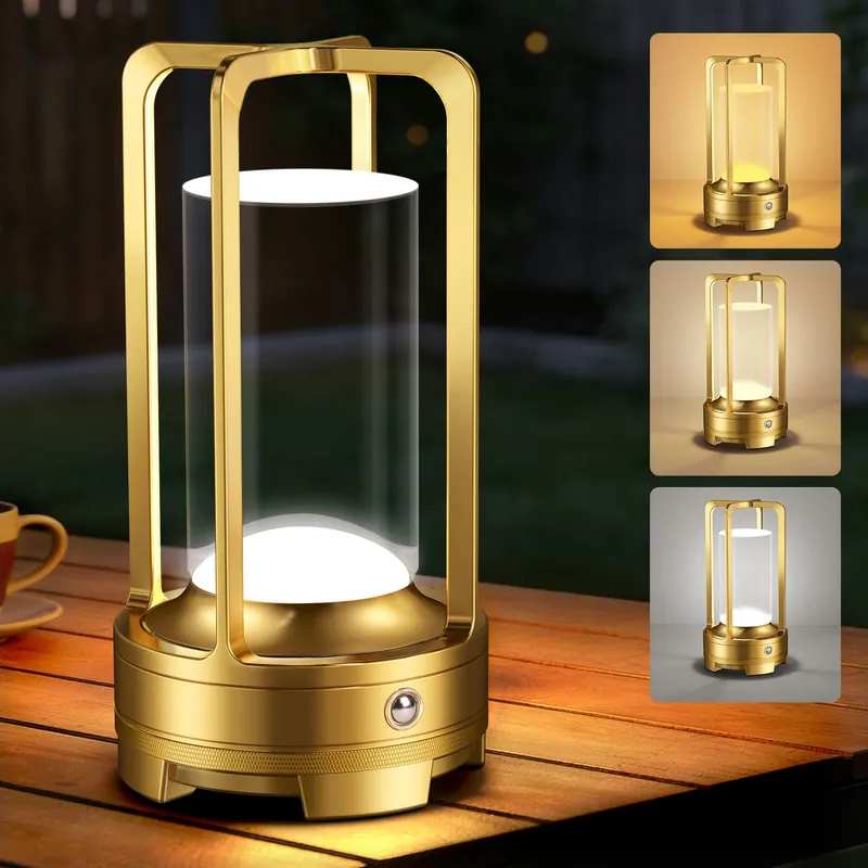 OCATO Portable Cordless Table Lamp Rechargeable Desk Lamp with 3 Color Stepless Dimming Wireless Metal Battery Operated LED Lamps for Indoor Outdoor Bedroom Restaurant Bar Coffee Shop Camping Gold