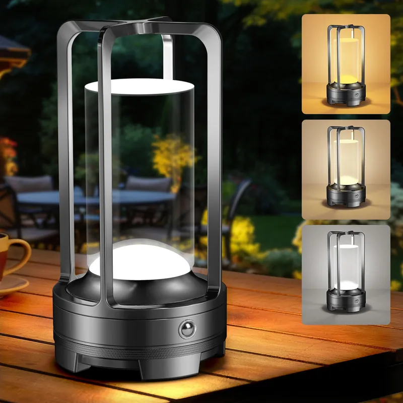 OCATO Portable Cordless Table Lamp Rechargeable Desk Lamp with 3 Color Stepless Dimming Wireless Metal Battery Operated LED Lamps for Indoor Outdoor Bedroom Restaurant Bar Coffee Shop Camping Black
