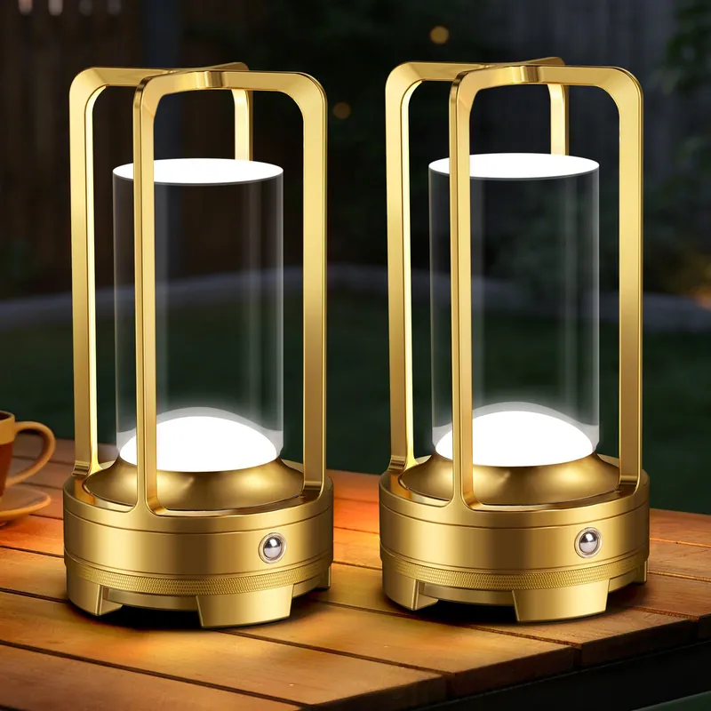 OCATO Portable Cordless Table Lamp Rechargeable Desk Lamp with 3 Color Stepless Dimming Wireless Metal Battery Operated LED Lamps for Indoor Outdoor Bedroom Restaurant Coffee Shop Camping Gold 2 Pack