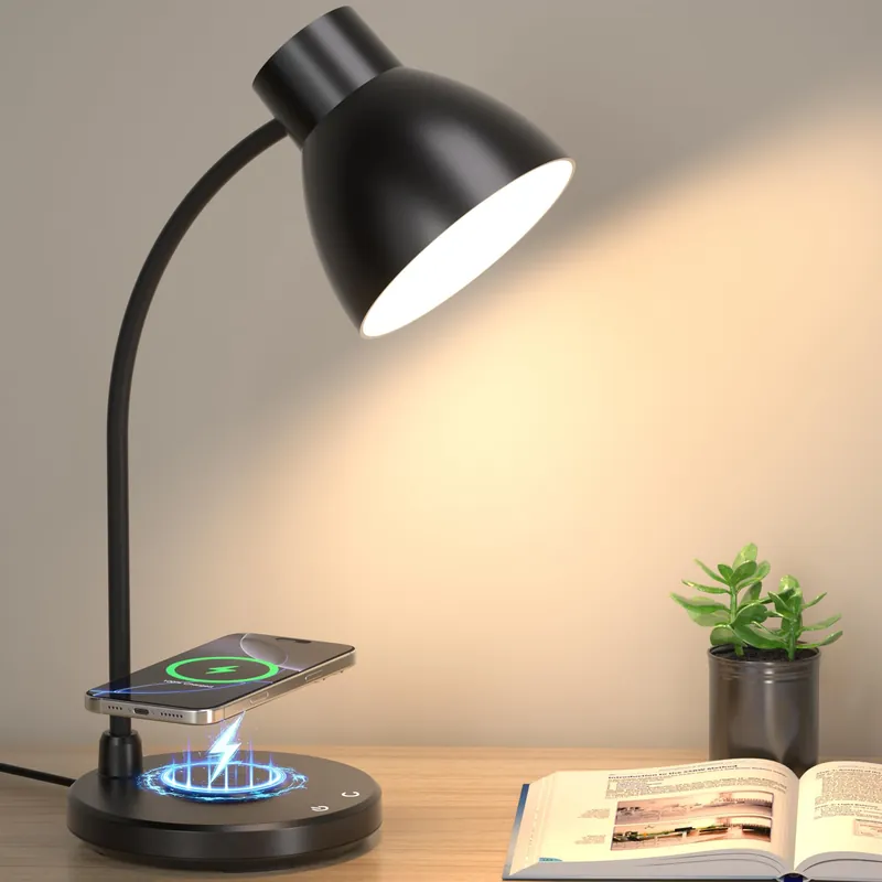 Vicsoon Desk Lamps for Home Office - LED Desk Lamp with Wireless Charger, 3 Color Modes Dimmable Eye-Caring Study Reading Desk Light, Small Flexible Arm Table Lamp for College Dorm Room Bedside, Black