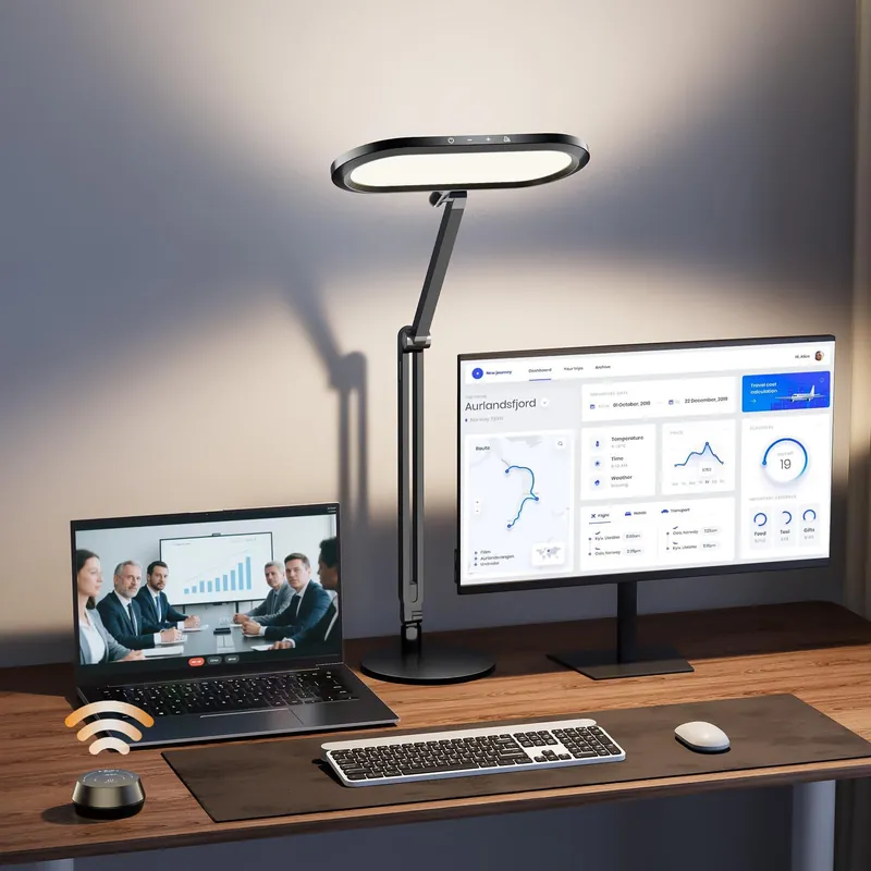 Premium LED Desk Lamp for Home Office – Eye-Caring Double Side Light with Knob Remote, Stepless Dimming & Color, Memory, Metal Table Lamp for Zoom, Studying, Video Conference, Flicker-Free, Glare-Free