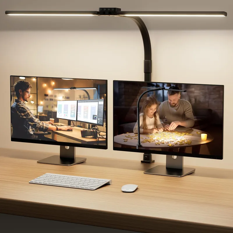 SIBRILLE LED Desk Lamp for Home Office - Dimmable Computer Desk Light with Clamp, Modern Architect Task Lamp with Color Changing, Flexible Desktop Lamp with Gooseneck for Monitor, Double Head, Black