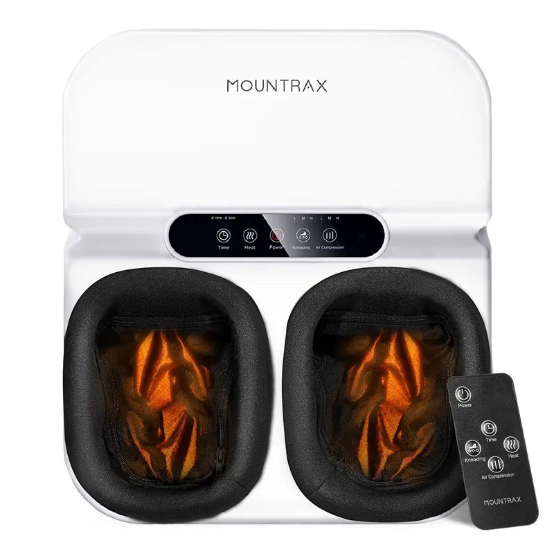 MOUNTRAX Foot Massager Machine with Heat, Foot Massager for Plantar Fasciitis, Neuropathy Pain, Shiatsu Foot Massager with Remote, Fits Feet Up to Men Size 13 (White)