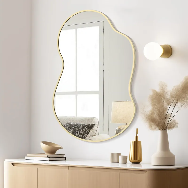 WallBeyond Gold Asymmetrical Mirror, Modern Irregular Wall Mirror with Aluminum Frame for Bedroom, Bathroom, Living Room, and Entryway 36" H x 24" W (Gold)
