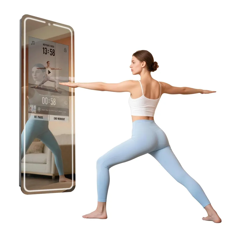Smart Gym Mirror for Home Workout 32" HD Touch-Screen Andriod OS 63" Reflective Surface No VIP Fees Support Various APPs, Voice Control, Music Sync LED Light Strip, for Home Gym/ Yoga/ Dance